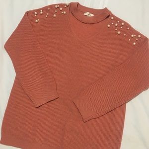 Entro coral neck cut out sweater pearl accents L